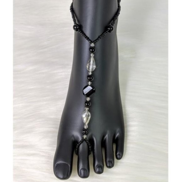 Set of Two Black Beaded Stretch Barefoot Sandals - Picture 2 of 2